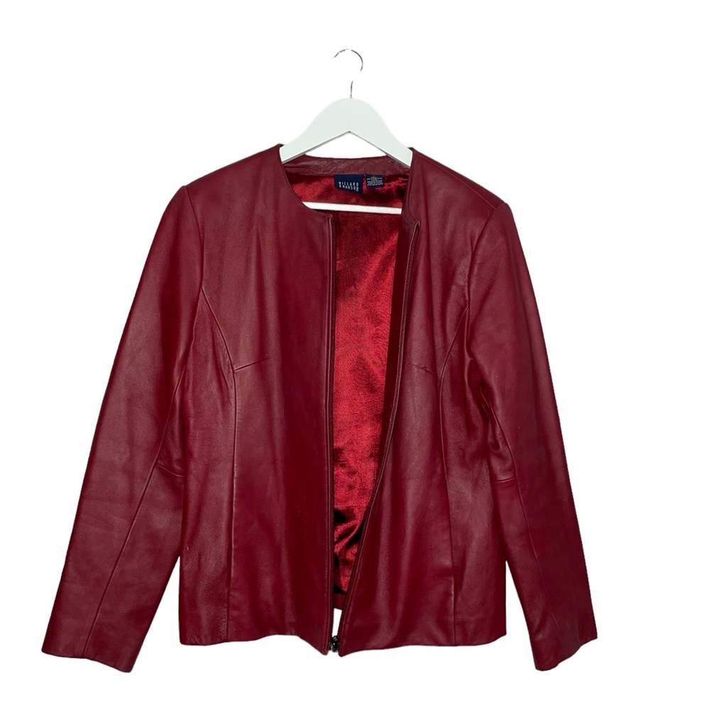 Hillard & Hanson Women's Deep Red Lambskin Leather Zip Front 2 Pockets Jacket L
